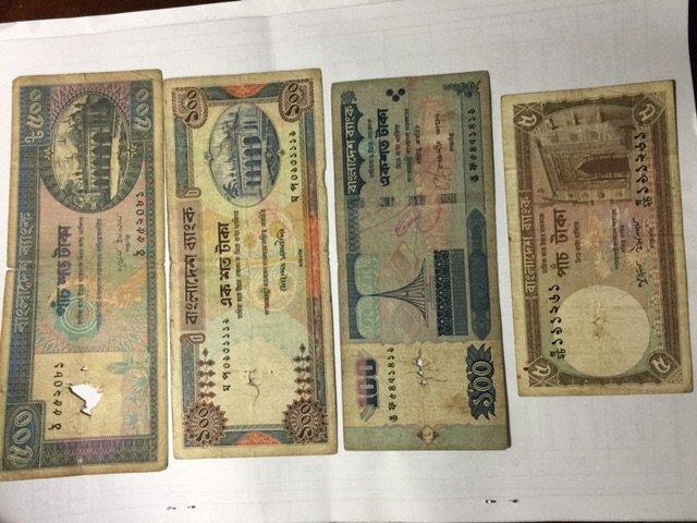 孟加拉舊版鈔500高額、100兩張不同、5元（4張合拍）