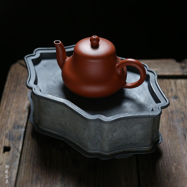 潮陽純錫茶盤手工古錫壺承工夫茶盤鼓型茶船茶海茶承銅建水壺托1入 