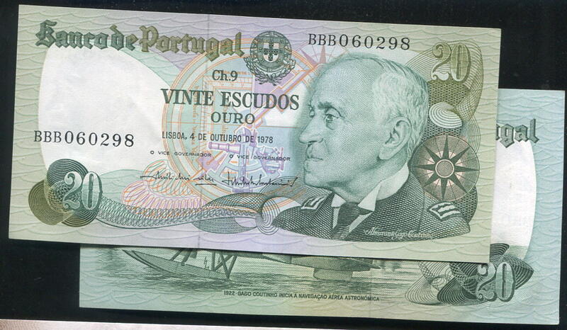 【紙幣】PORTUGAL (葡萄牙),  P176b ， 20-ESC.  1978 #206571 , 品相全新UNC 