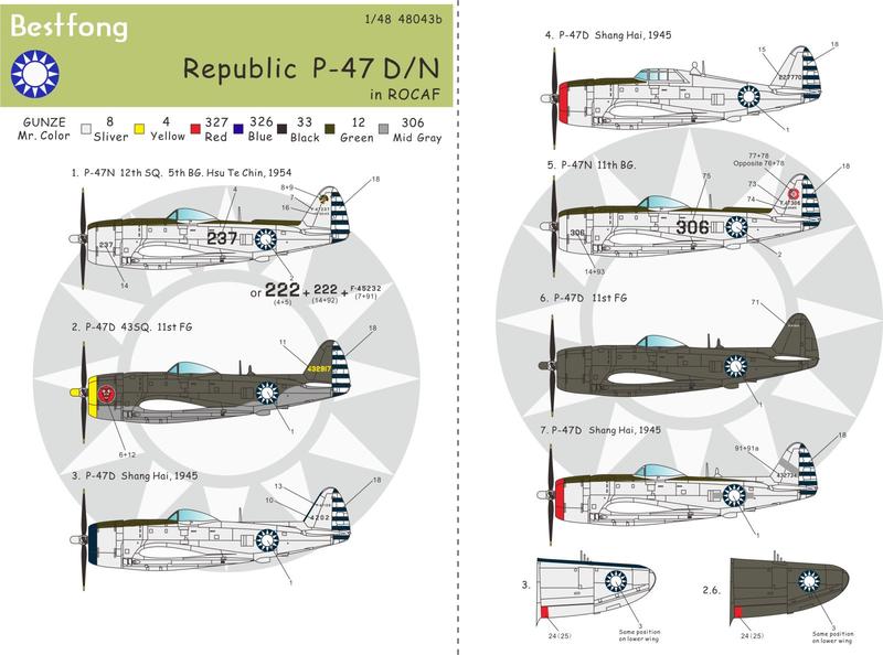 1/48Bestfong水貼紙~二戰美國P-47D/N戰鬥機,多組國軍塗裝(含3套細部標誌/國徽/藍白條)