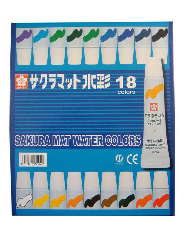 日本櫻花 18色盒裝mat水彩顏料+三支畫筆+調色盤+洗筆筒整組
