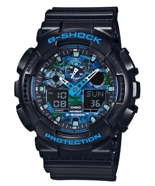 G-SHOCK CASIO 卡西歐藍黑色搭配金屬迷彩生存遊戲雙顯運動電子腕錶 型號：GA-100CB-1A【神梭鐘錶】