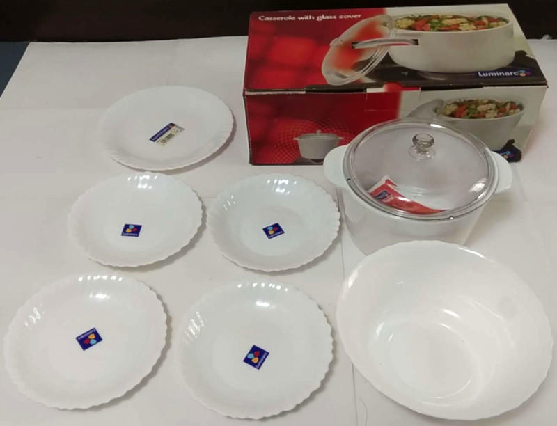 Luminarc 樂美雅 3.25L玻璃耐熱鍋(含導電片，適用電磁爐)+純白強化餐具8件組(碗/平盤) 3.25公升 法