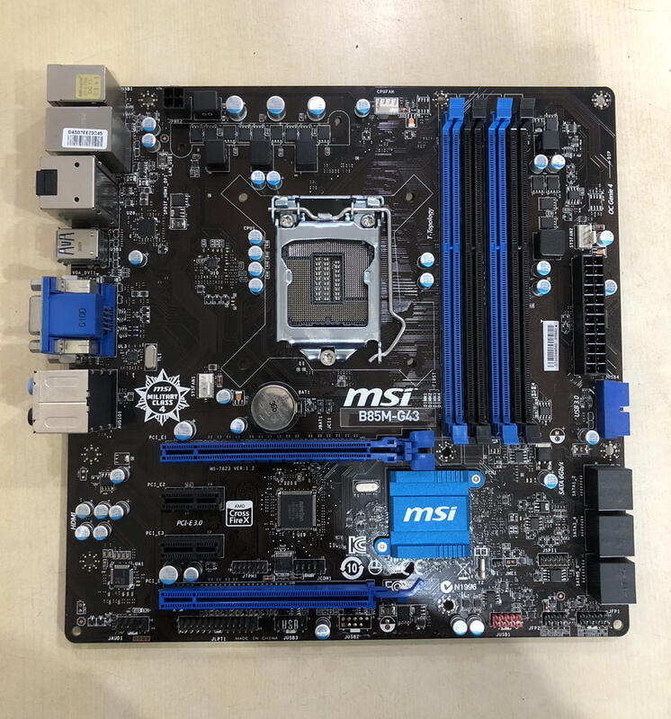 1150腳位。 微星 MSI B85M-G43，含擋板。 拆機測試良品。含稅價  MC0405