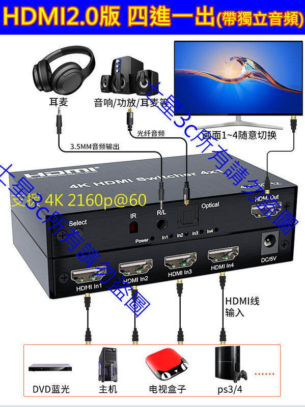 (台灣現貨) 最新4K版 HDMI 4進1出 四進一出 SWITCH 切換器 光纖同軸 DTS 杜比 音頻視頻分離