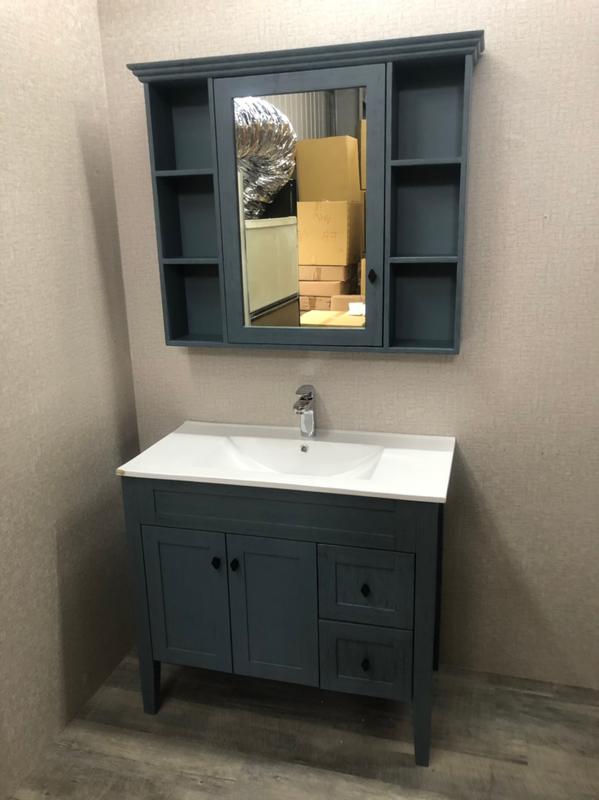 衛浴 洗臉盆櫃 90CM  復古拉絲藍 盆櫃 11300元 ( 含 水龍頭 )  PVC防水板材