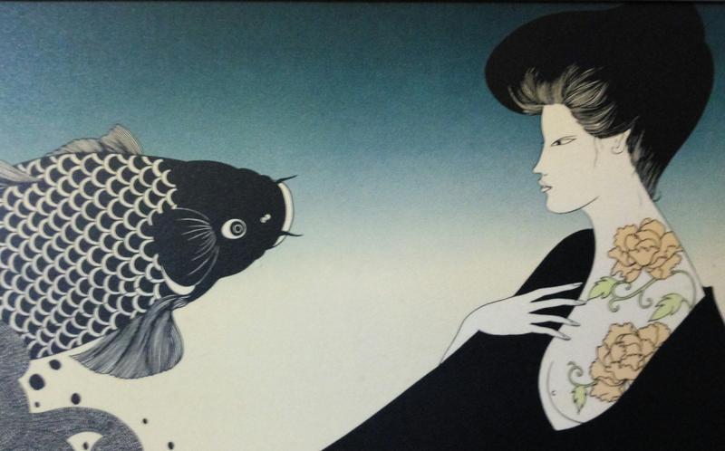 早期實木框複印畫日本現代風格浮世繪鯉魚美人圖
