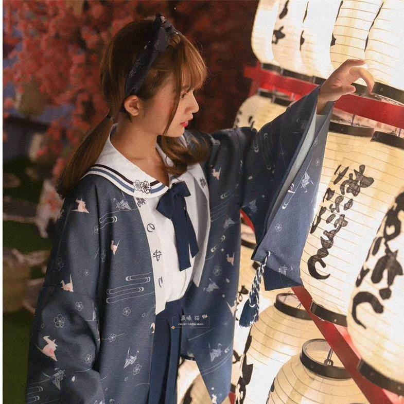 【晨曦貓】日系森林系 和服學院風刺繡流蘇水手領三件式套裝（襯衫、短裙、罩衫）SN-90616
