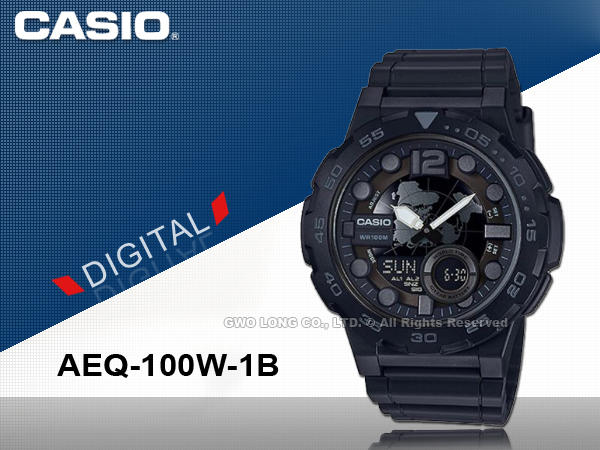 CASIO手錶專賣店 國隆 CASIO AEQ-100W-1B 世界時間 時尚 雙顯男錶 橡膠錶帶 AEQ-100W