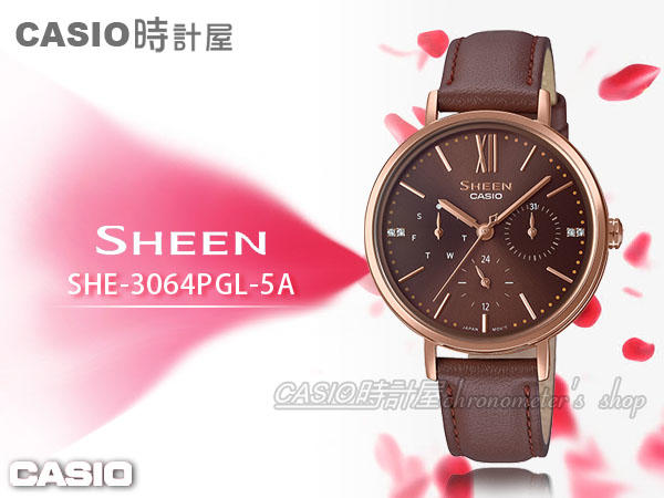 CASIO 時計屋 SHE-3064PGL-5A SHEEN 氣質三眼女錶 皮革錶帶 防水50米 全新SHE-3064