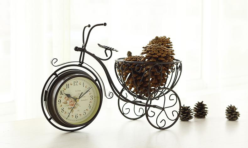 創意家居鐵藝自行車座鐘田園客廳雙面靜音時鐘裝飾品擺件水培容器