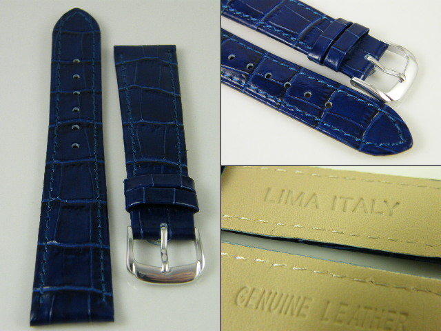 【錶帶家】『嚴選』LIMA 義大利進口牛皮錶帶壓鱷魚皮紋真皮錶帶亮面寶藍色 16mm 14mm 12mm