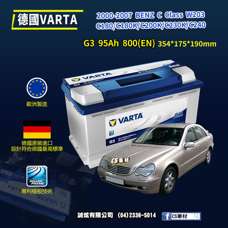 CS車材-VARTA 華達電池 BENZ C CLASS W203 00-07年 G3 N95 G14 代客安裝