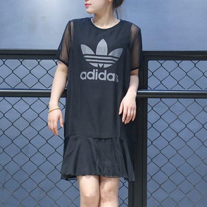 9527 adidas 愛迪達 三葉草 黑色 雪紡 背心裙 DP8591 短袖 連身裙 洋裝 紗裙