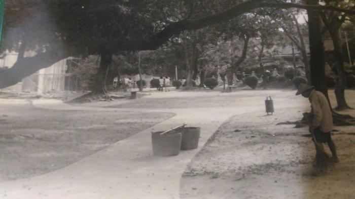 [柳泉書坊]~老照片 50年代 公園裡清掃落葉的赤腳阿伯 300元