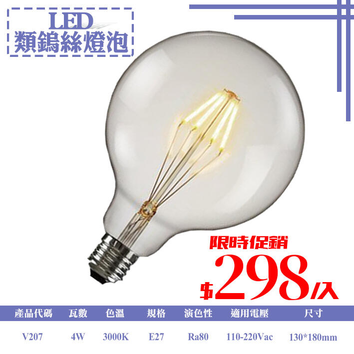【LED.SMD】(LUV207)工業風LED4W E27燈泡 全周光零死角仿鎢絲 愛迪生圓形