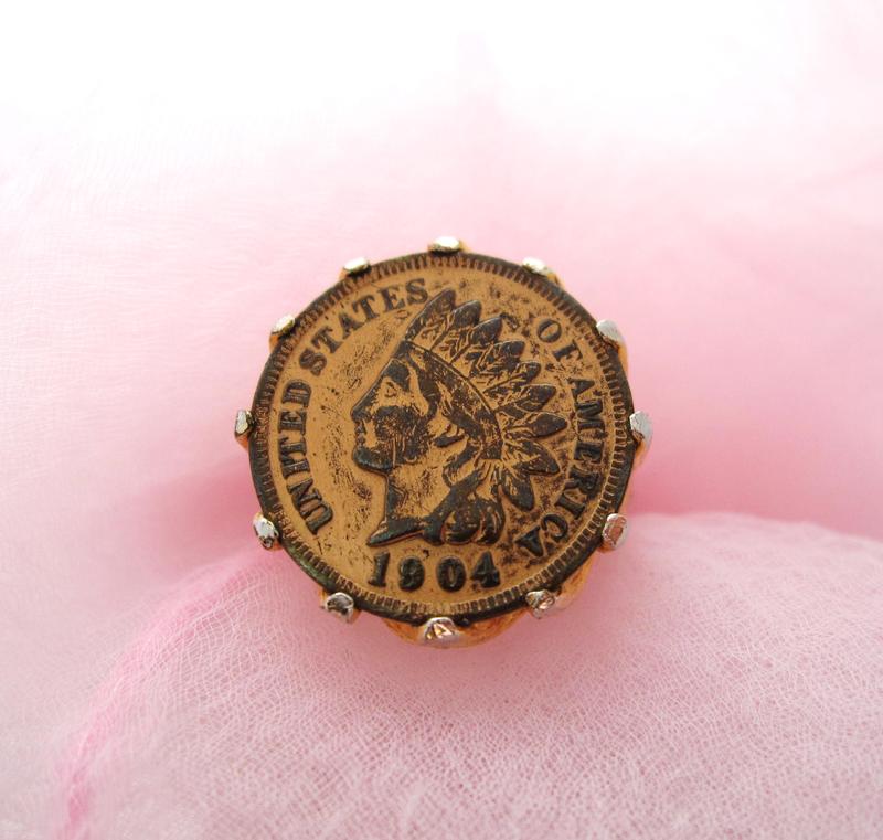 【戴大花】18K包金  1904年 美國真實硬幣 印地安人頭像  lucky penny 古董戒指 #F21