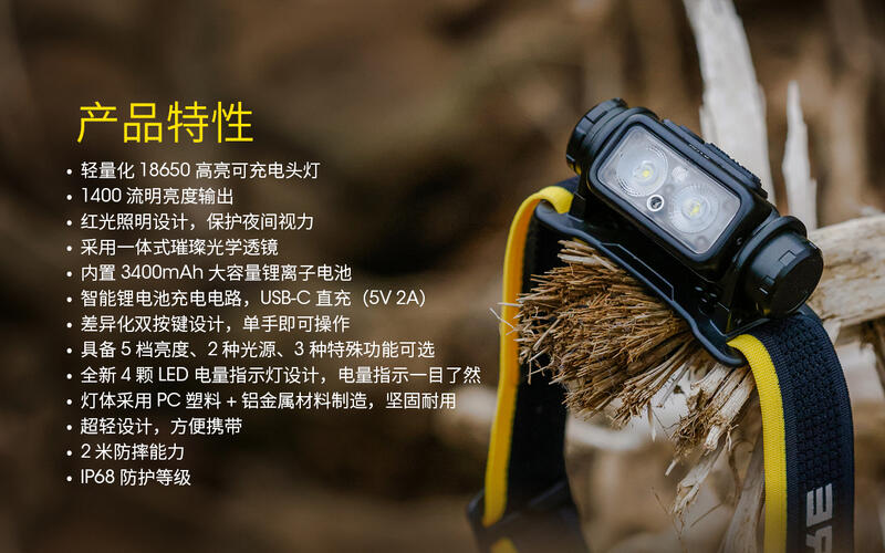 【山道具屋】Nitecore NU43 1400流明長效18650快充強光頭燈(公司貨/內建18650/輕量116g)