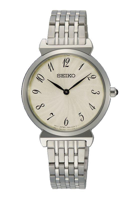 SEIKO WATCH 精工時尚名媛超薄太陽紋面藝術阿拉柏數字石英鋼帶腕錶 型號：SFQ801P1【神梭鐘錶】