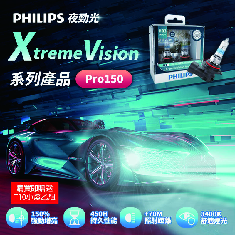 【新品】壽命長 PHILIPS飛利浦X-tremeVision Pro150+150% 夜勁光/競技光/車燈/鹵素大燈