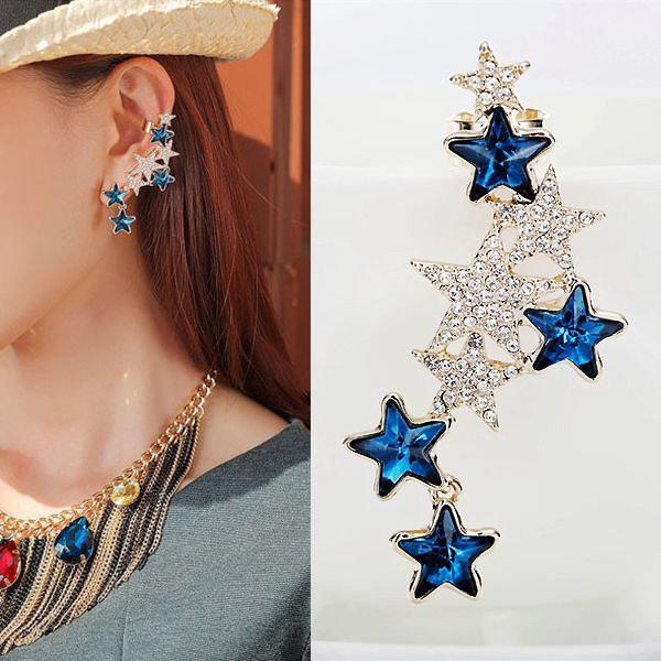 ╭✿蕾兒0509✿╮DB003-藍色星空個性誇張璀璨星星鑲鑽耳夾耳釘耳骨夾耳飾品