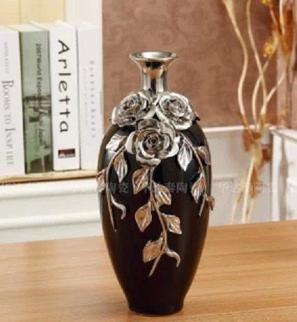 EZBUY-時尚創意古典高檔 黑色銀色 陶瓷花瓶 家居裝飾品禮品玫瑰花