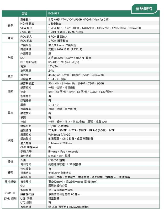 EX2-985 8路500萬監控主機 500萬DVR 陞泰EX2 985 DVR