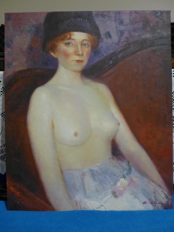 中大幅古董西洋人物人物裸女油畫 - 戴帽半身裸女
