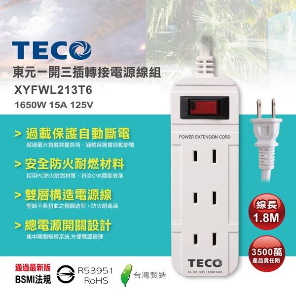 TECO東元 一開三插轉接電源線組XYFWL213T6