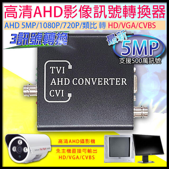 監視器 AHD 500萬 轉換器 訊號轉換 AHD 1080P/720P/類比 免透過主機轉換HD/VGA/CVBS
