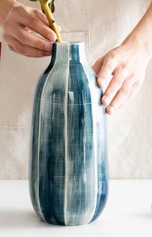 7331A 日式 陶瓷墨染高款花瓶簡約陶瓷擺件 藍色渲染歐風插花花器擺飾陶瓷花瓶禮物裝飾瓶拍照道具