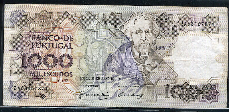 【紙幣】PORTUGAL (葡萄牙), P151g  , 1000-ESC.  , 1990 ,品相美VF #204515 