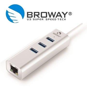 BROWAY USB 3.0 3PORT HUB集線器 + 1PORT Gigabit 超高速網路卡 時尚銀