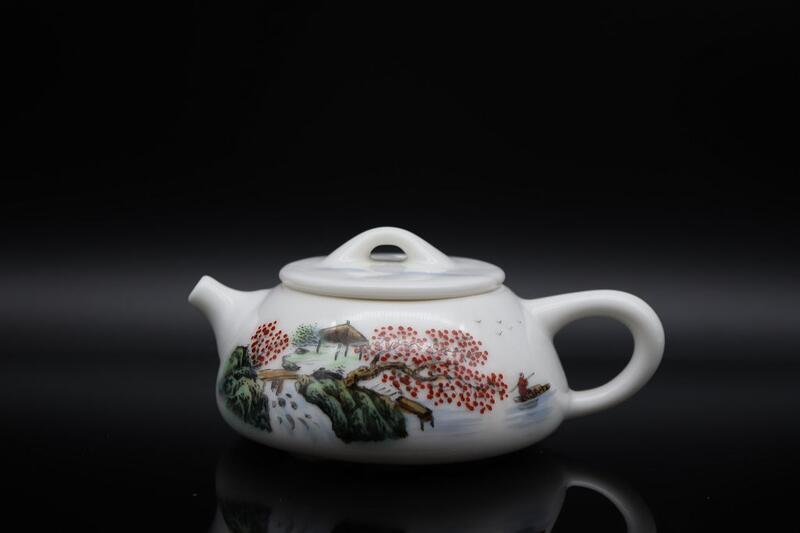 頂級 粉彩 羊脂 石瓢壺 山水繪 泡茶壺 純手工 手繪 茶具 茶壺 泡茶組 瓷器 瓷壺