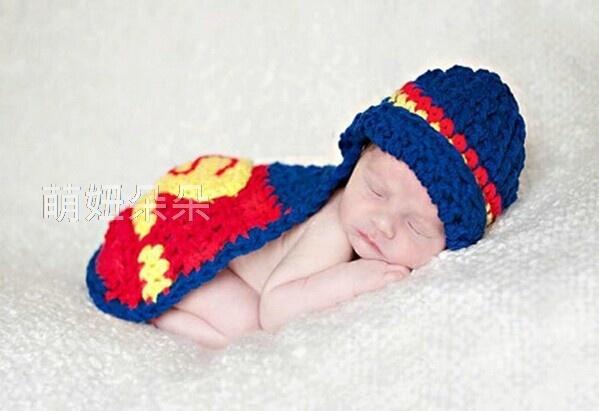 ♥萌妞朵朵♥新生兒寶寶可愛超人造型寶寶攝影服/滿月百天服裝拍照服/毛線帽子/攝影針織服