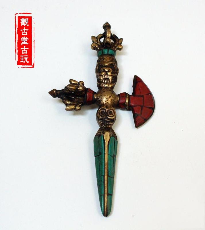 古玩西藏密宗法器純銅鑲嵌五股鉞刀金剛杵降魔杵骷髏頭月刀金剛斧1入 