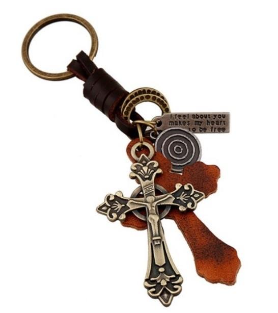 創意鑰匙圈 真皮皮飾/合金配件/皮革/皮繩/編織 汽車機車鑰匙圈 古銅色 十字架 復古 個性 鑰匙圈 簡約時尚