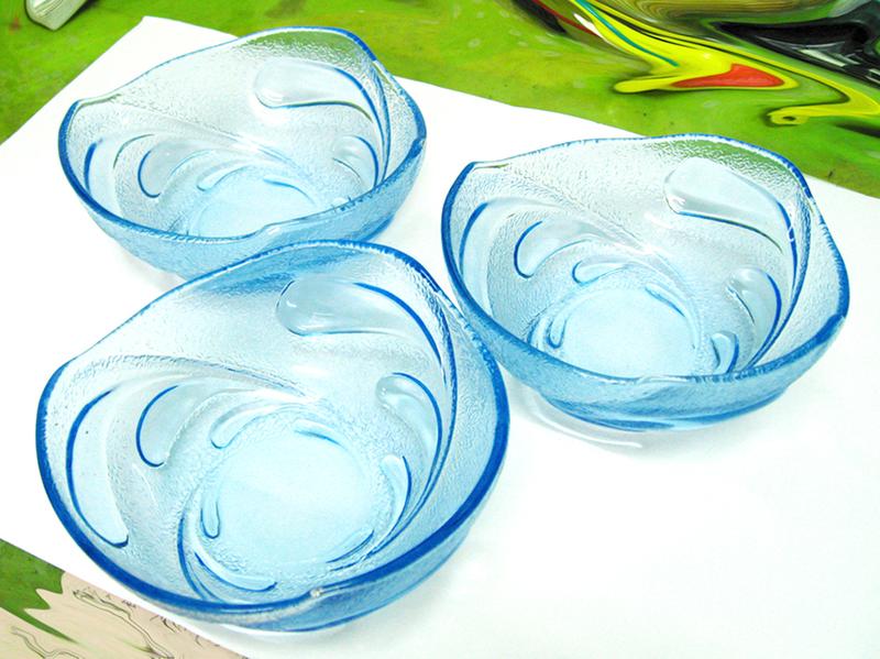 浮雕曲線玻璃碗 (藍色3入)