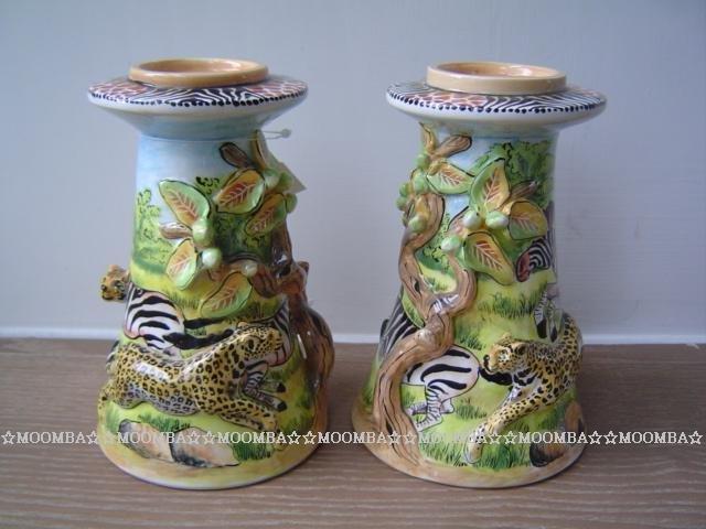 ☆MOOMBA☆ South Africa 南非 手工製 彩繪 陶製品 動物 大燭臺 一對 豹 INTU-ART CANDLE HOLDER LARGE (2PCS/SET)