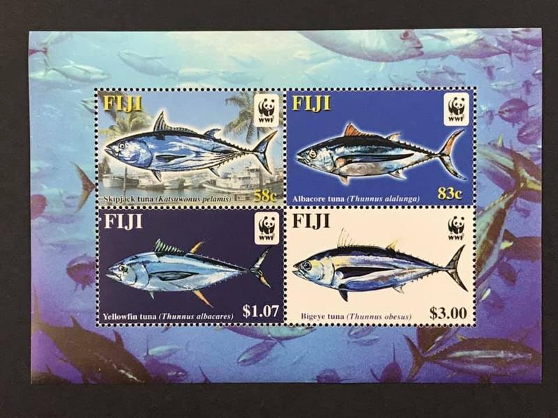 2004.04.07 #斐濟 #WWF金槍魚tuna 小全張1全 140元（鰹魚.黃鰭金槍魚.大眼金槍魚.長鰭金槍魚）。