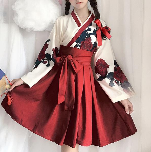 《免運費》和風可愛山茶花之戀印花東方少女學生日式女和服cosplay