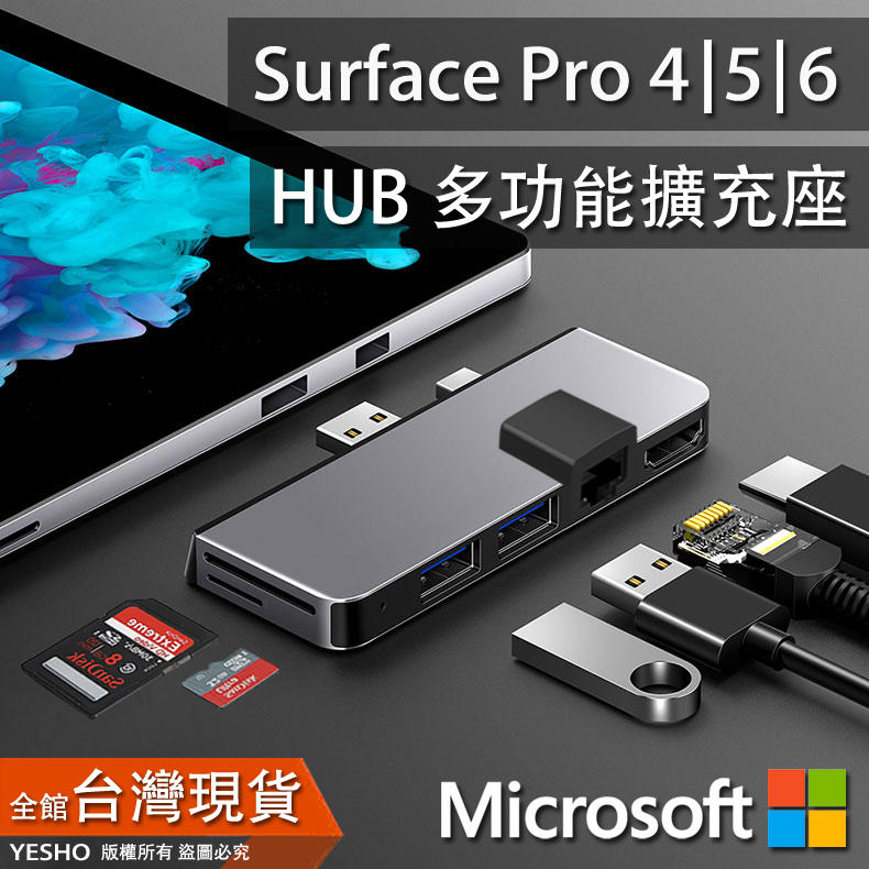 Surface Pro 4/5/6【多功能擴充座】HDMI USB3.0 HUB 讀卡機 讀卡器 有線網路 網口 usb