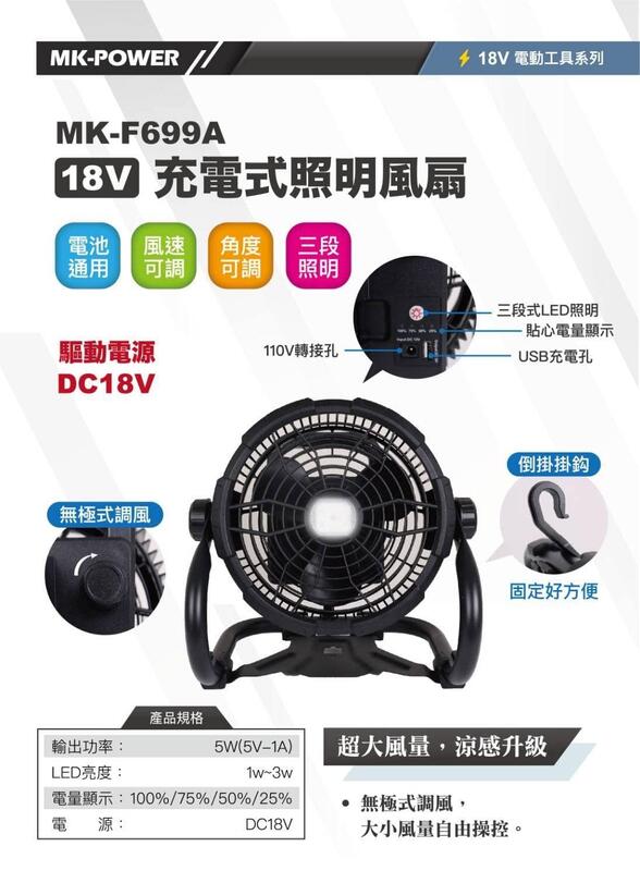 MK-F699A 現貨 18V 行動風扇 MK-POWER 無線電扇 充電 電風扇 MK-F699 牧田副廠 LED