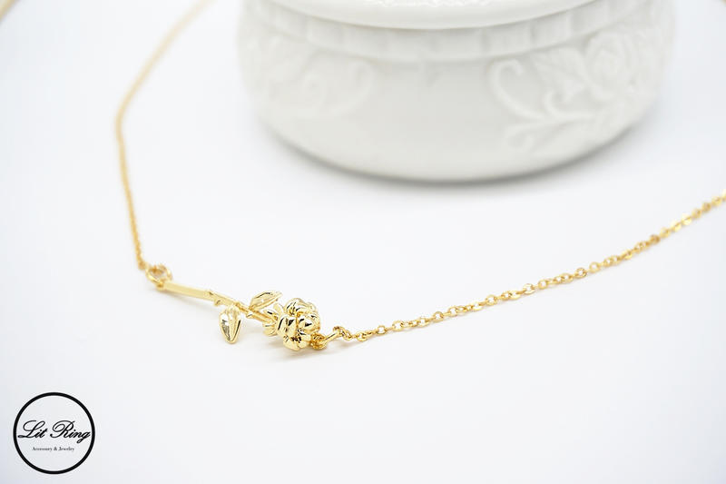 【Lit Ring】18k金銅鍍絕美玫瑰項鍊│Lit Ring 訂製 金色 立體 玫瑰花 花朵 短項鍊 鎖骨鍊 飾品