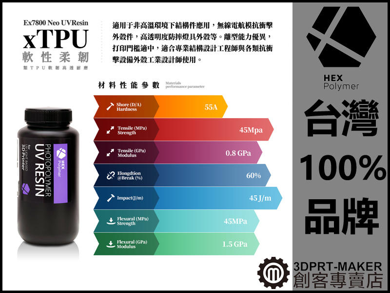【3DPRT 專賣店】聚六 EX7800 類TPU 軟性 光固化 光敏 樹脂 液 DLP LCD★A02A03★