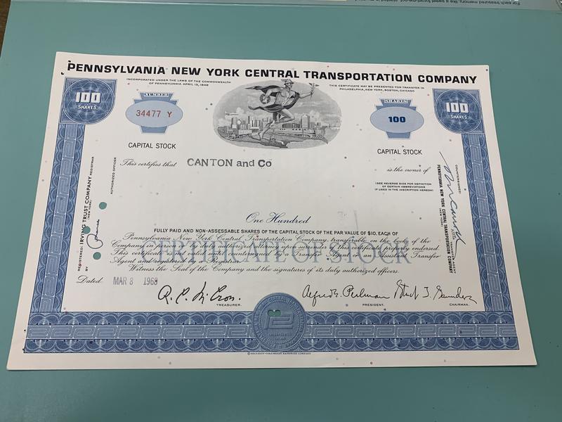 1968美國賓細微尼亞紐約中央運輸公司股票one hundred（精美凸版印刷）
