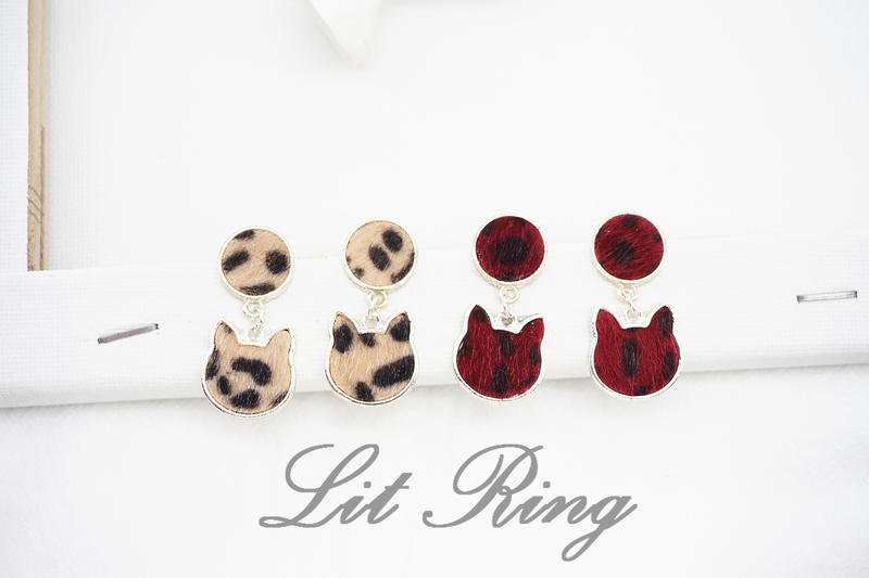 【Lit Ring】豹紋貓咪耳環│紅色、卡其色