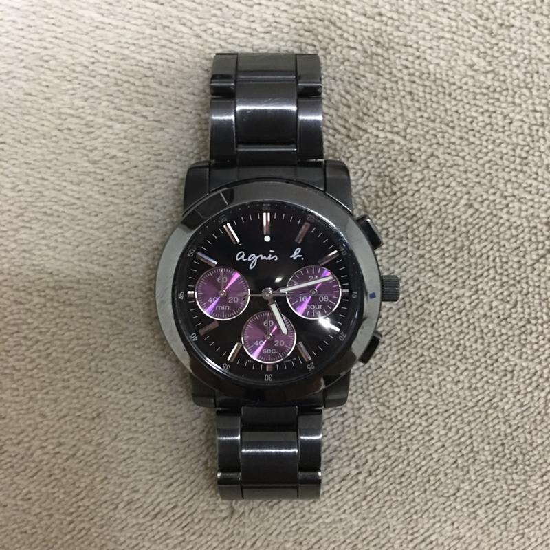 agnes b. 經典紫色三眼 黑色 鋼 手錶