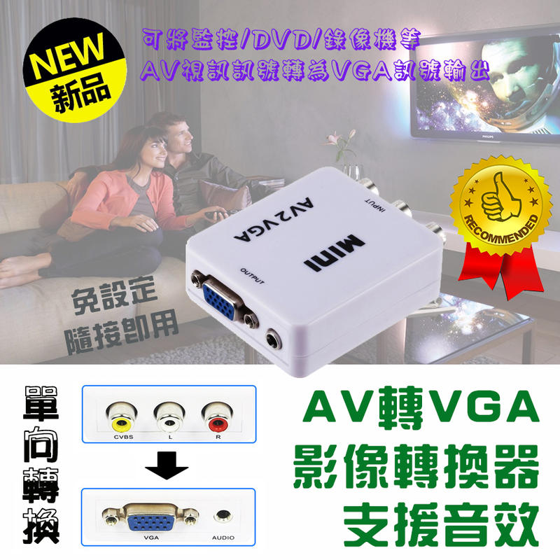 隨接即用 PC-132 單向 AV 轉 VGA 影音訊號轉換器 附USB電源線 訊號穩定 使用簡單 監視器轉接螢幕