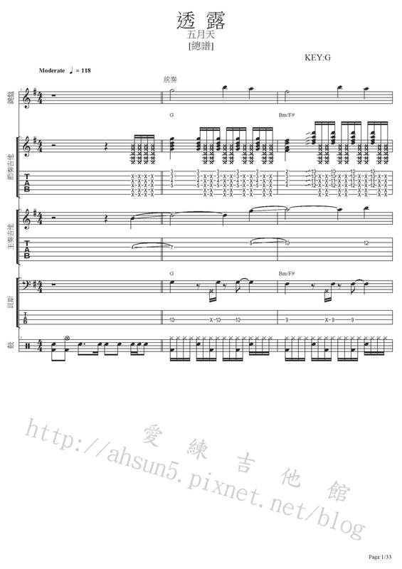 團譜 ~五月天_透露~[吉他譜][貝斯譜][鼓譜][鍵盤][五線譜][樂譜]